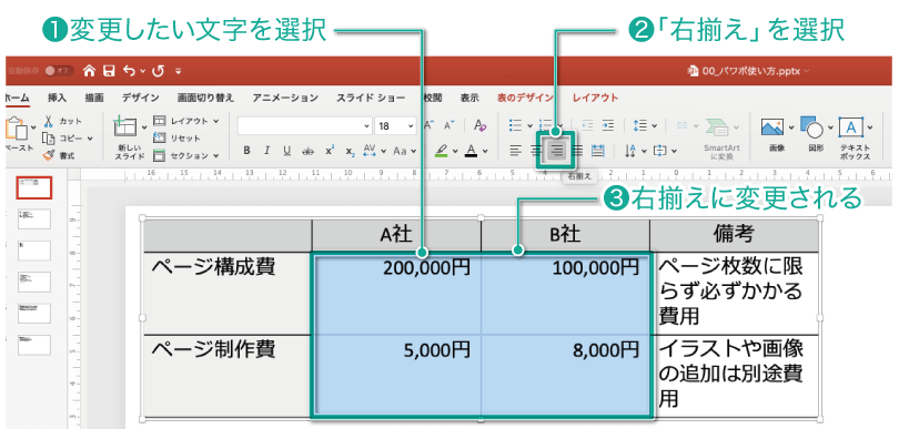 文字の右揃え2