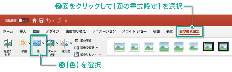 簡単パワーポイント 画像を白黒にする方法 画像の色味を変える方法