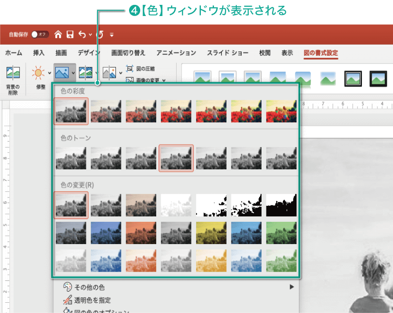 簡単パワーポイント 画像を白黒にする方法 画像の色味を変える方法