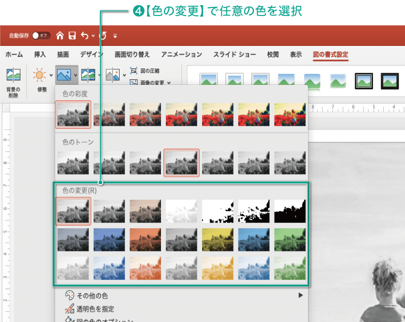 簡単パワーポイント 画像を白黒にする方法 画像の色味を変える方法